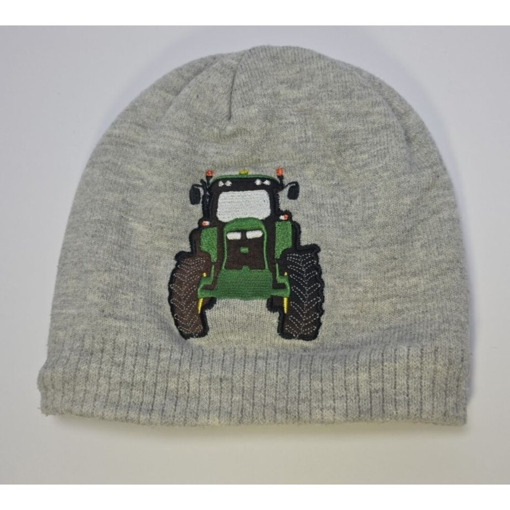 John Deere Tractor Beanie Knit Cap Winter Hat Toddler Boys Green Gray Stocking